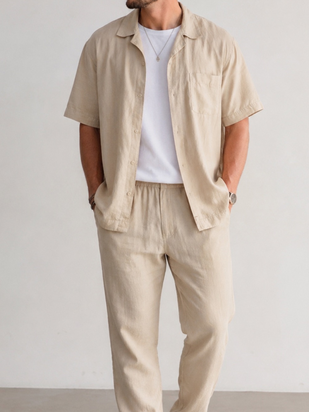 GB Collection 2XL 100% Linen 2 Piece Set Beige Button Front Shirt & Pants